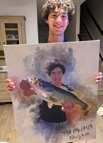 Customer holding a large Personalized photo Painting showing a person proudly holding a fish.