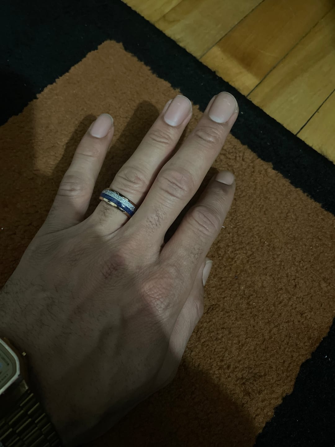 Customer photo review of 8mm- ROSE GOLD TUNGSTEN ARROW RING W/ BLUE LAPIS LAZULI, FAUX METEORITE,