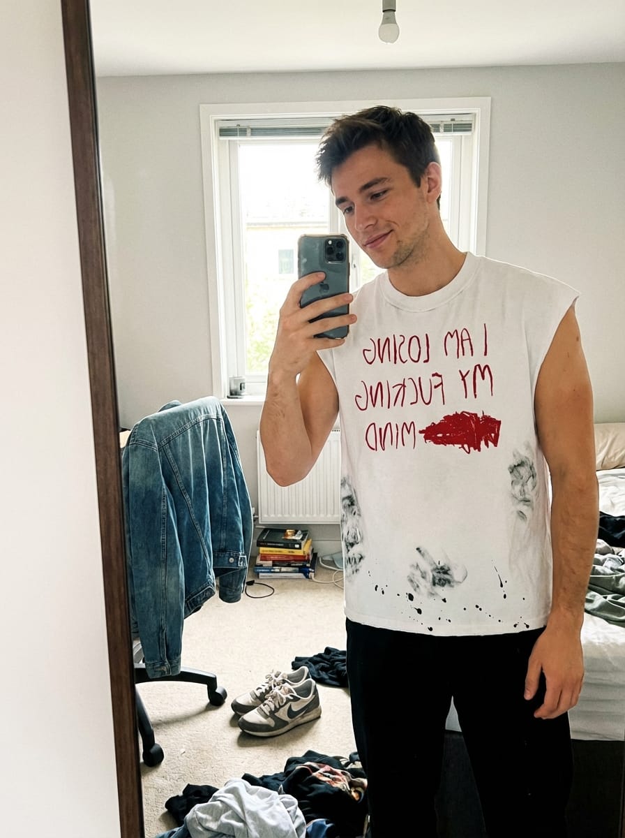Customer photo review of Grunge Slogan Print Distressed Raw Hem Sleeveless T-Shirt