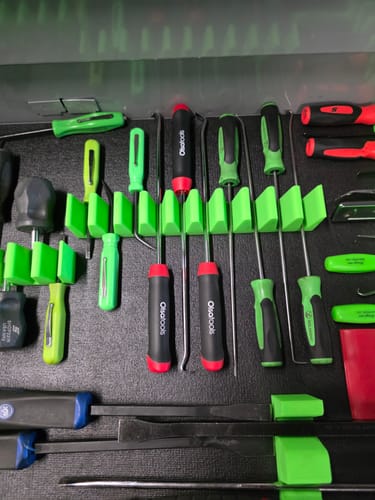 Customer's 3pc Flat Pick and Hook Set with black and red handles organized in a tool drawer among other tools.