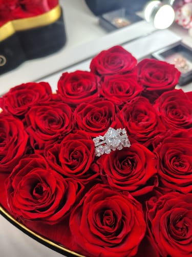 Customer photo review of 2.2 Carat Halo Pear Cut Wedding Ring Set With Two Luxurious Wedding Bands