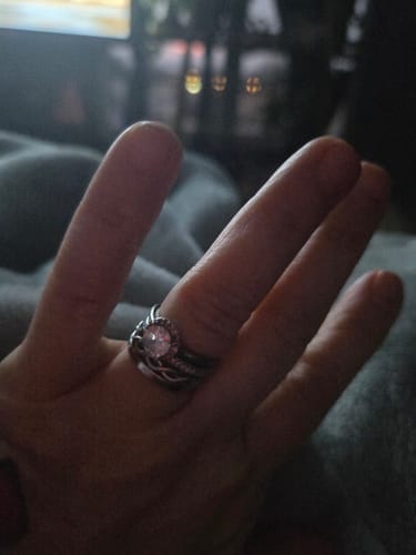 Customer photo review of Personalized Couple Halo Engagement Ring Stack