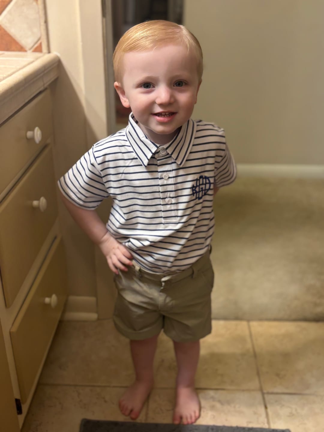 Customer photo review of Navy Stripe Knit Short Sleeve Polo