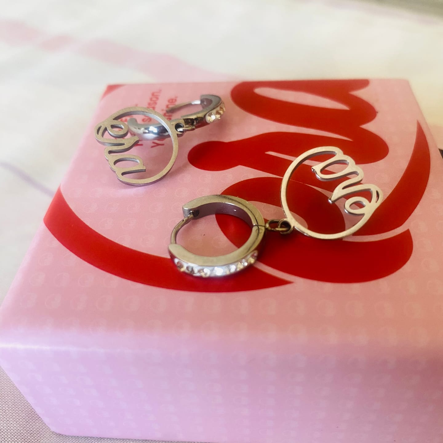 Customer photo review of Silver Precious Logo Earrings