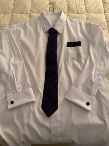 Customer photo review of Deep Blue Red Line Striped Tie Pocket Square Cufflinks Set