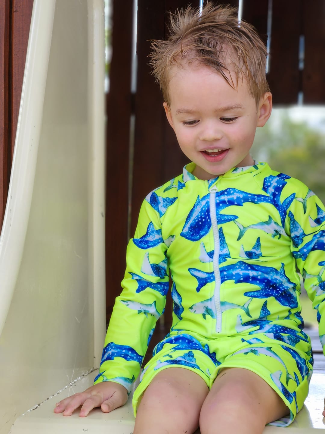 Customer photo review of Fluro Green Sharks Unisex Long Sleeve Zip Swimmers