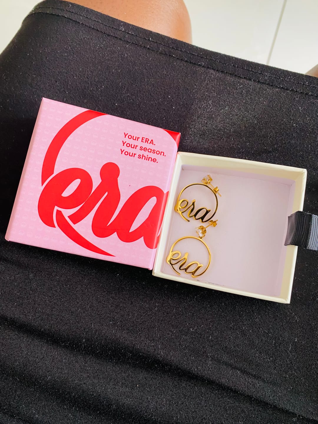 Customer photo review of Gold Era Halo Mini Drop Hoops ✨