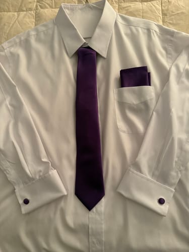 Customer photo review of Purple Solid Necktie Pocket Square Cufflinks Set