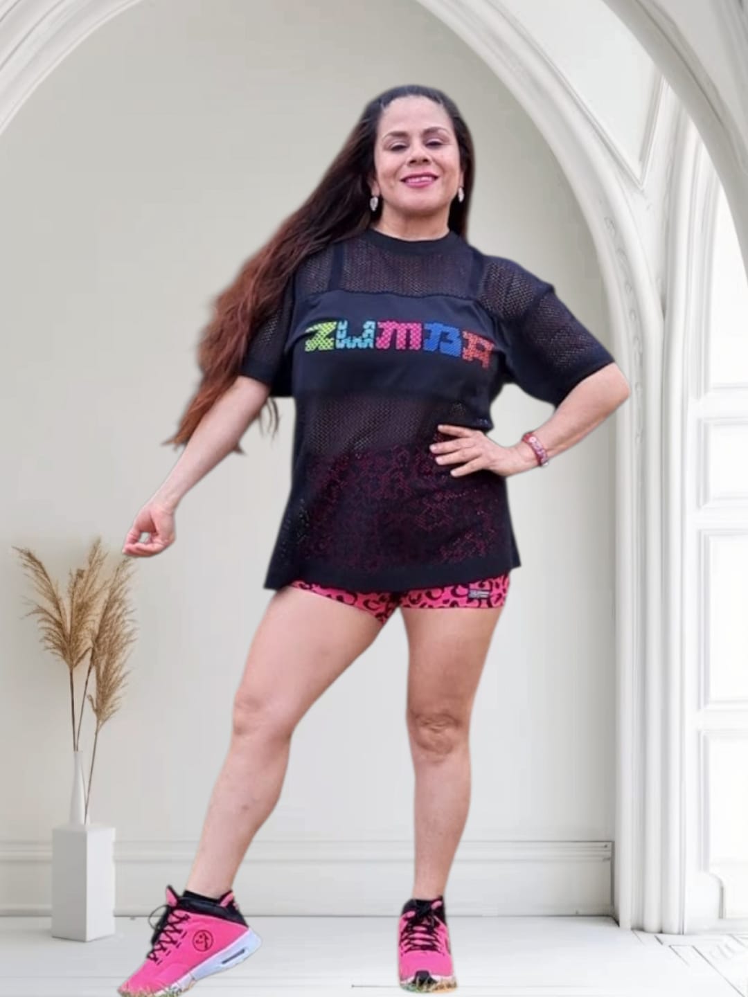 Customer photo review of Zumba Sizzlin' High Waisted Biker Shorts - Pink/Black