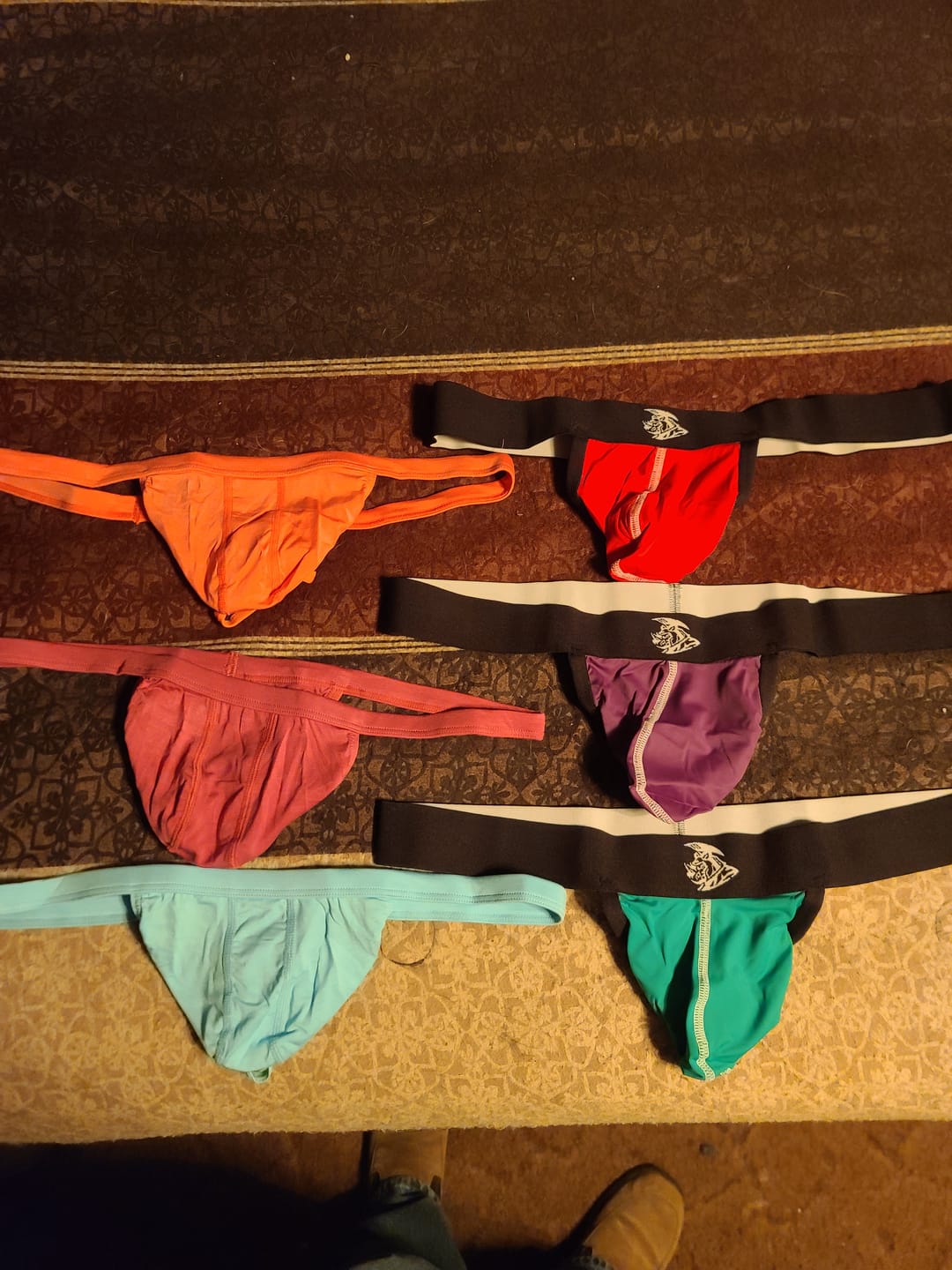Customer photo review of Nylon 0in Strapless Jocks No Fly 3pk Red/Green/Purple