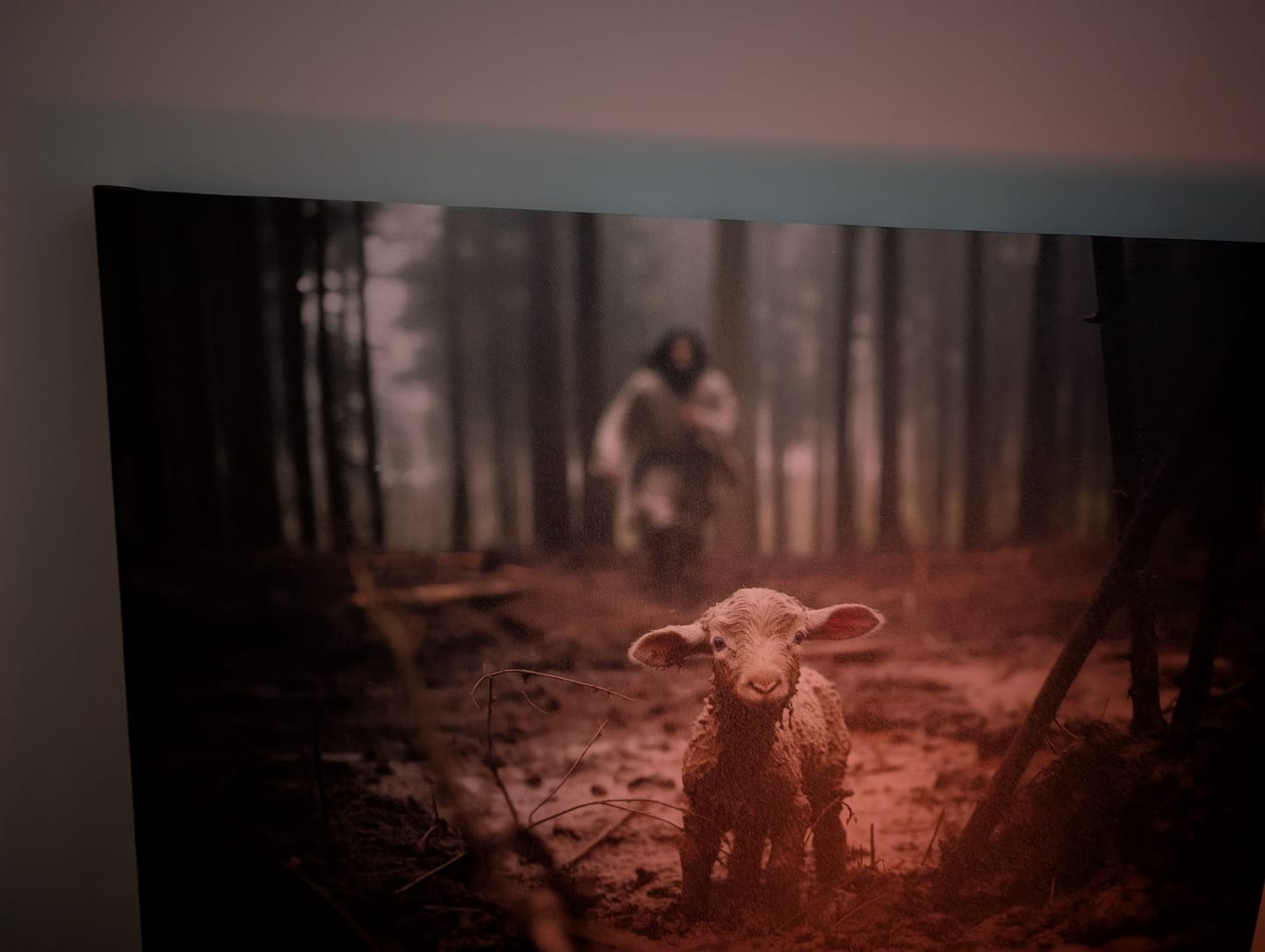 Customer photo review of Jesus Running After a Lost Lamb, Jesus and Lamb Picture, Wall Art Canvas
