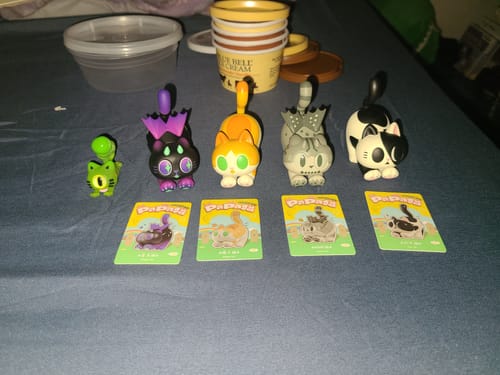 Customer's five different Papa Cat Series figures displayed with their matching cards.