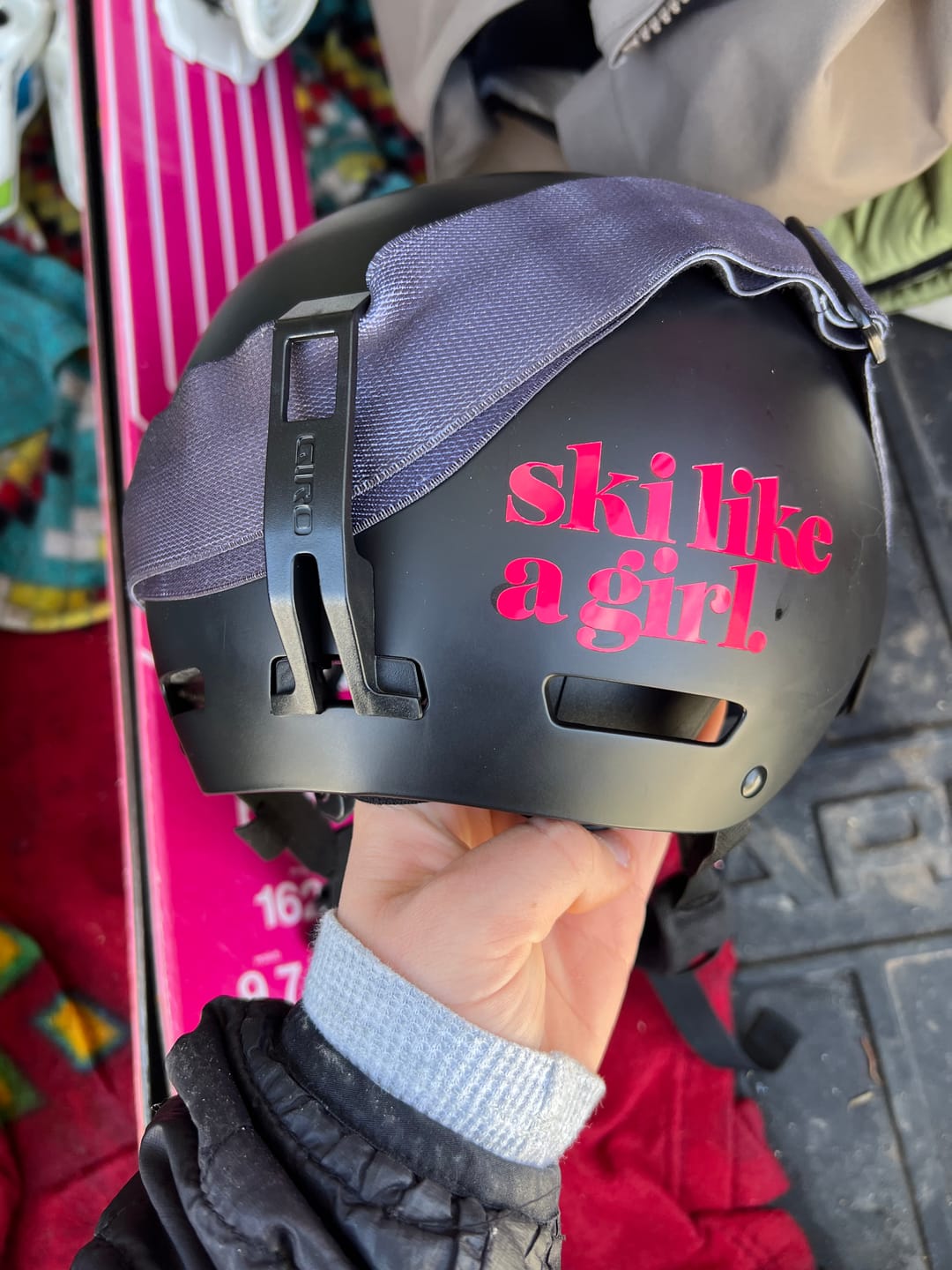 Customer photo review of Ski Like a Girl Transfer Sticker – Neon Pink