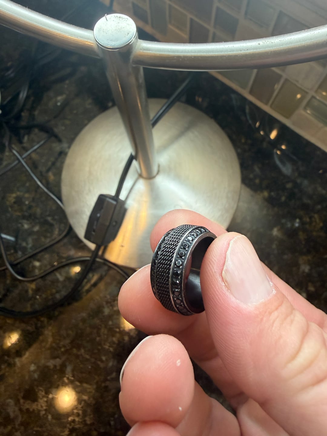 Customer photo review of 10mm KNIGHT Steel Chain Black Titanium Wedding Ring with Round Black Diamonds