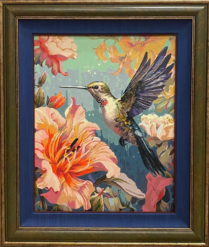 Customer's framed artwork from the Paint by Numbers kit. The colorful painting shows a hummingbird and flowers.