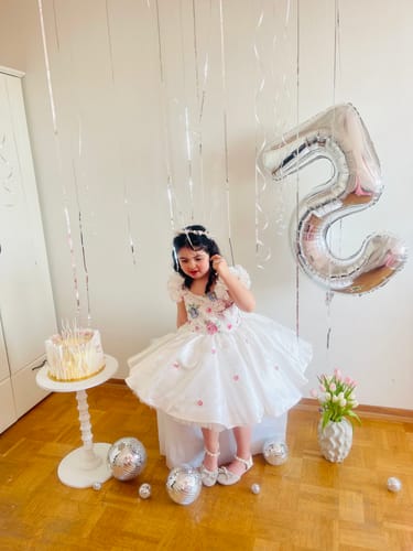 Customer photo review of Girls White Birthday Satin Dress Flower Girl Puffy Princess Dress
