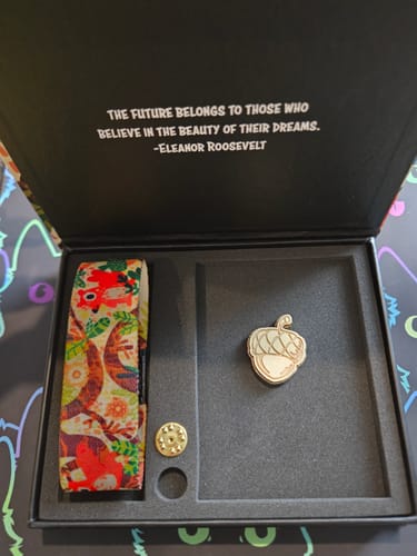 Customer's See What's In Store Pearl set in its open display box, showing the colorful bracelet and acorn pin.