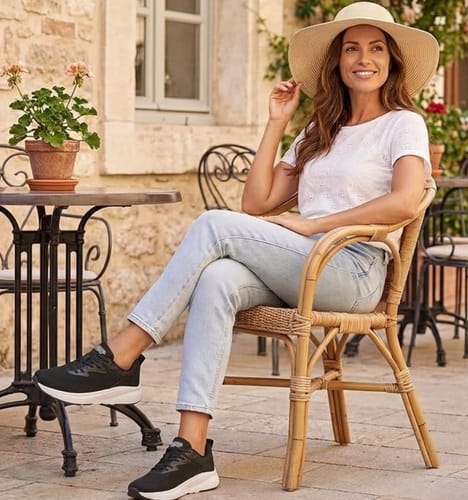 Reviewer sitting at an outdoor cafe wearing the black Wide Fit shoes with a white sole.