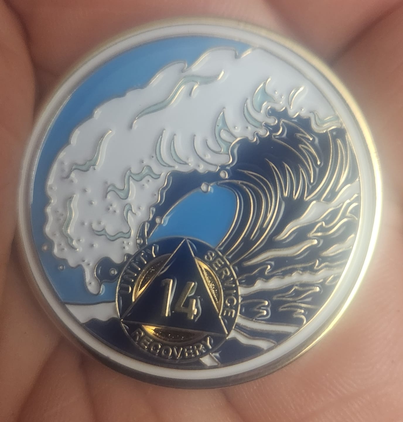 Customer photo review of 14 Year Sobriety Mint Crashing Wave Gold Plated AA Recovery Medallion - Fourteen Year Chip/Coin - Blue/White