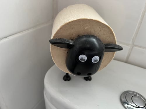 Customer's roll of Unbleached Bamboo Toilet Paper on a novelty black sheep holder in their bathroom.