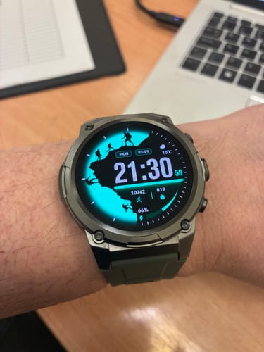 Customer's Gard Pro Ultra 3 watch on their wrist, showing its rugged case and bright, hiking-themed digital face.