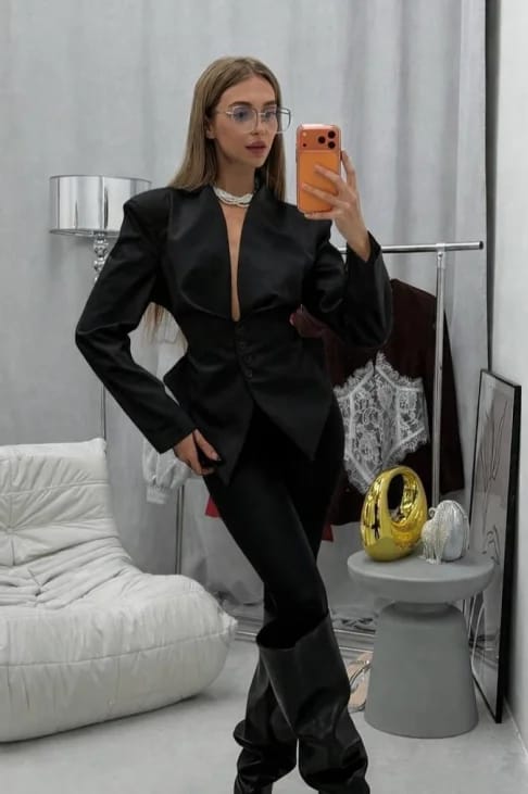 Customer photo review of Tanya Structured Shoulder Cinched Blazer