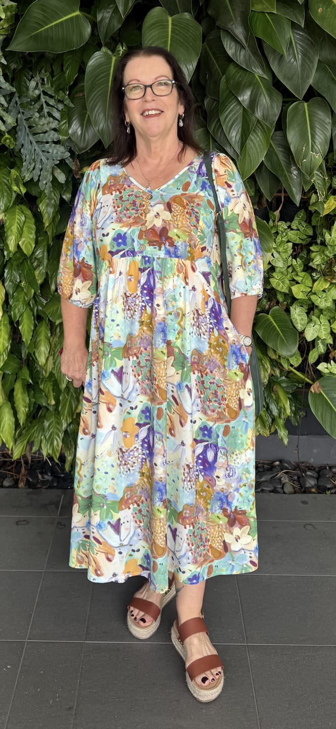 Customer photo review of Zandra Midi Dress in Green Multi