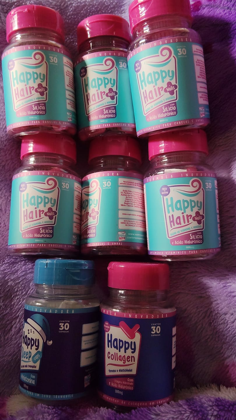 Customer photo review of Happy Hair 3 Potes + 2 Potes Grátis + 1 Pote de Melatonina + 1 Pote de Colágeno (Total 7 Potes)
