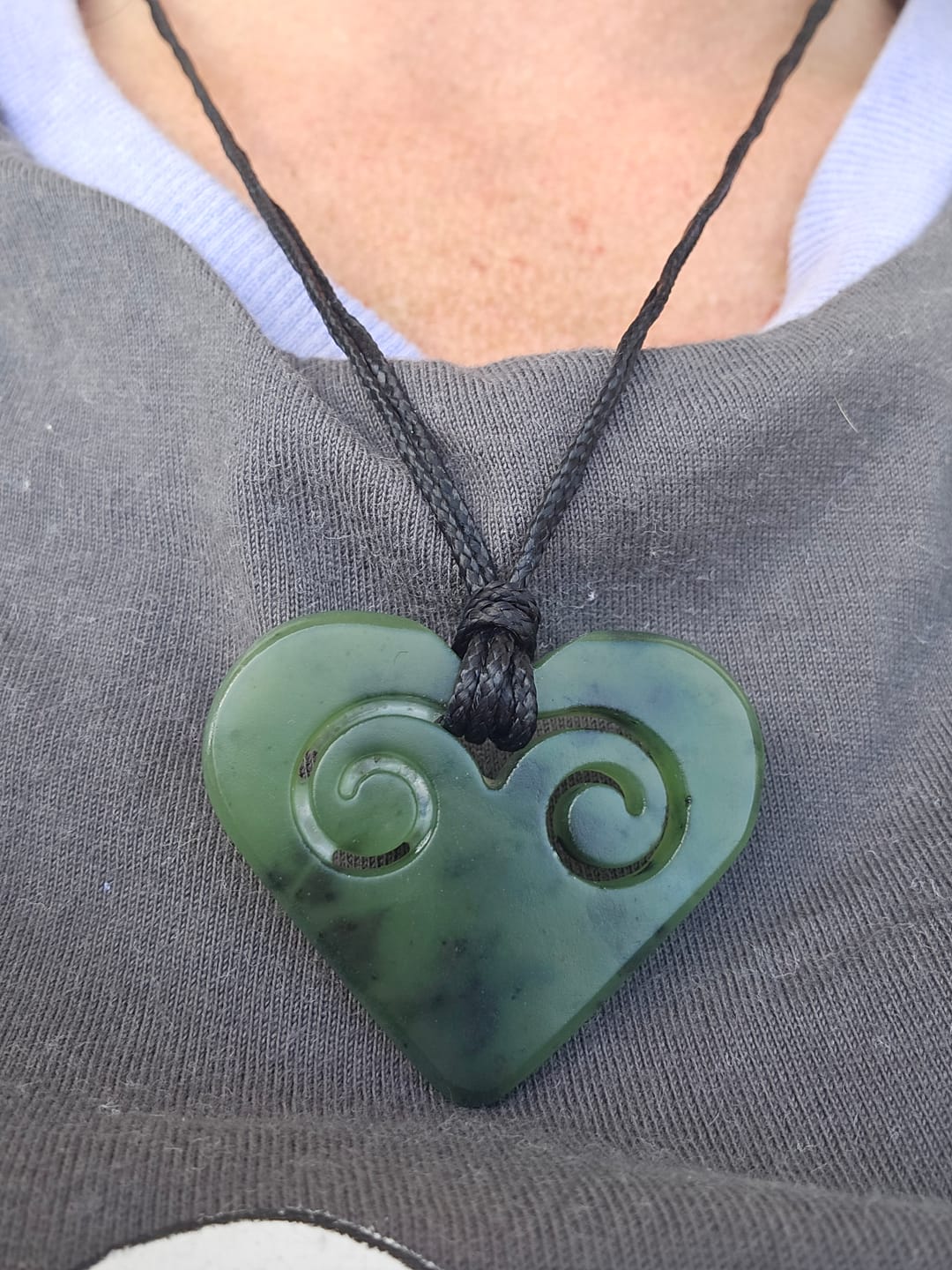 Customer photo review of Genuine NZ Greenstone Heart Necklace with Two Inner Koru