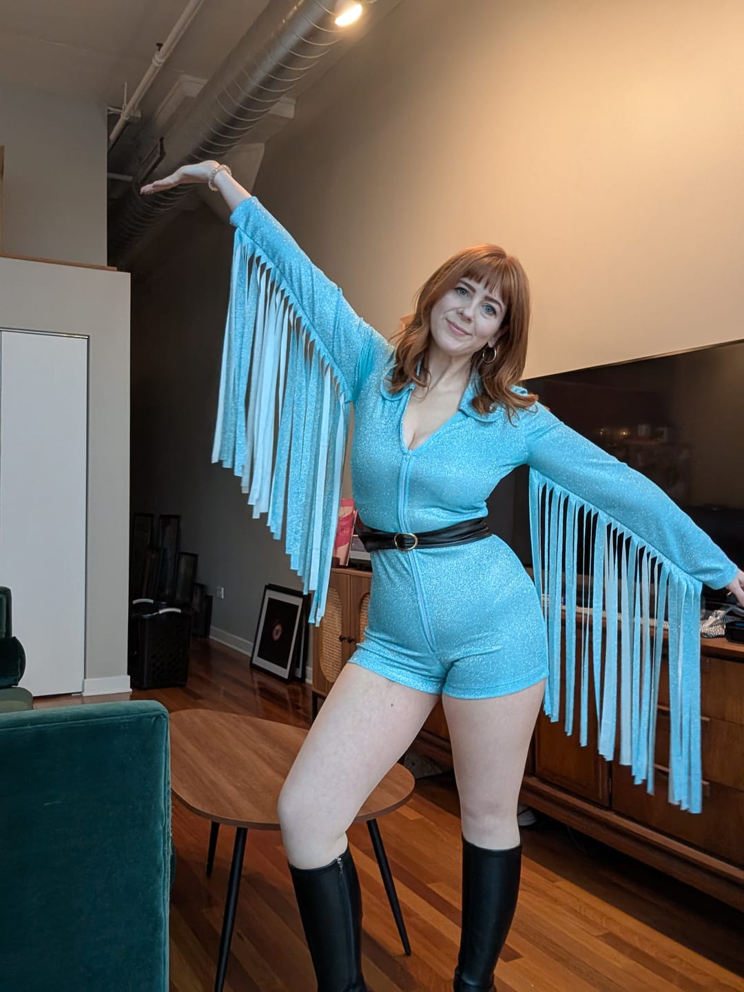 Customer photo review of Glitter Fringe Romper in Sky Blue