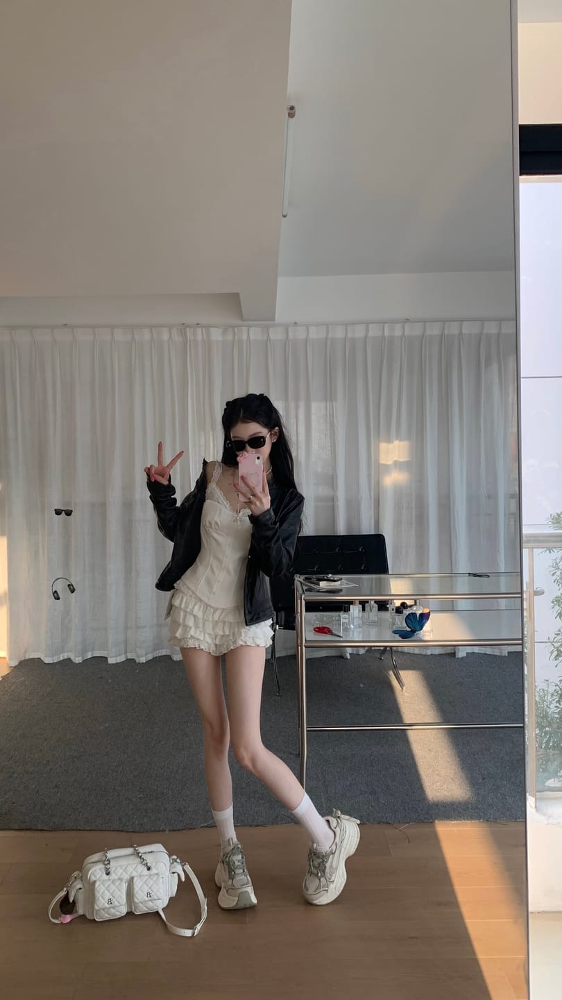 Customer photo review of WARDEN EDGE Lace-Trim Cami Top and Layered Ruffle Mini Skirt Set