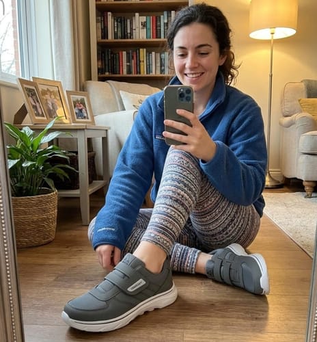 Reviewer sitting on the floor taking a mirror selfie in their grey CareStep shoes.