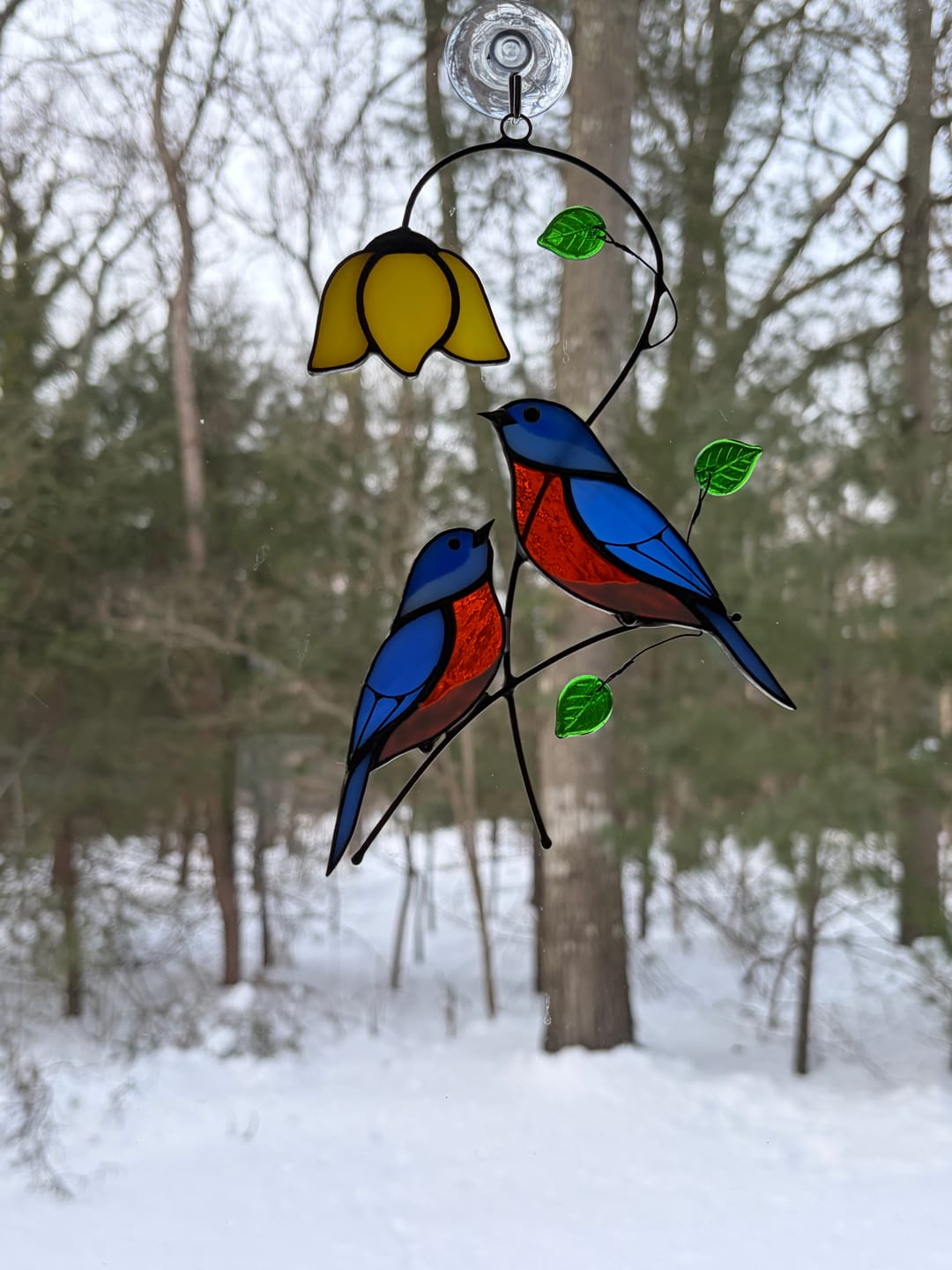 Customer photo review of Couple of Bluebirds with Yellow Flower - Stained Glass Suncatcher