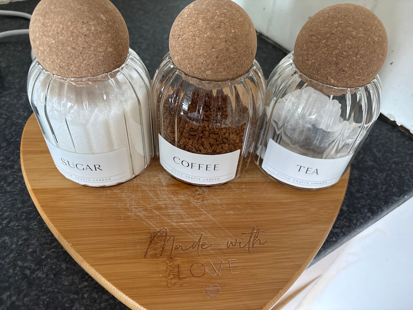 Customer photo review of Set of 3 Cork Ball Glass Jars - Tea, Coffee and Sugar 500ml - Ribbed Cork Ball