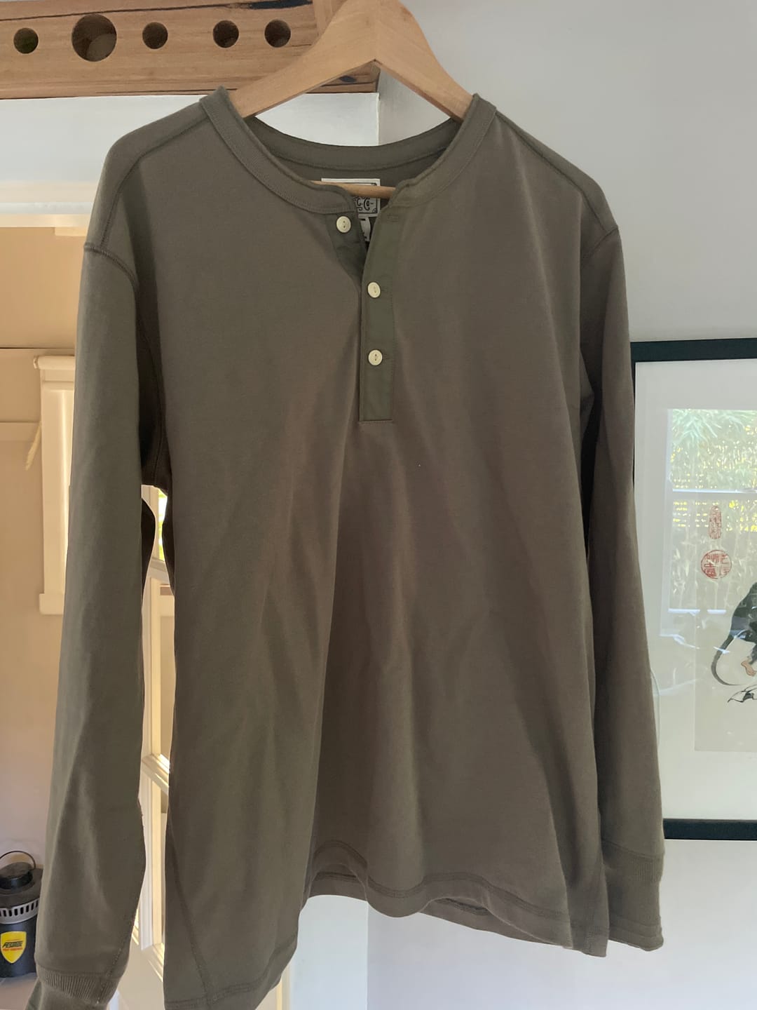 Customer photo review of Vintage Long Sleeve Henley Shirt - Light Olive