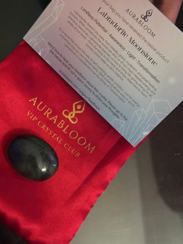 Reviewer's Labradorite Moonstone crystal on a red branded pouch next to an information card.