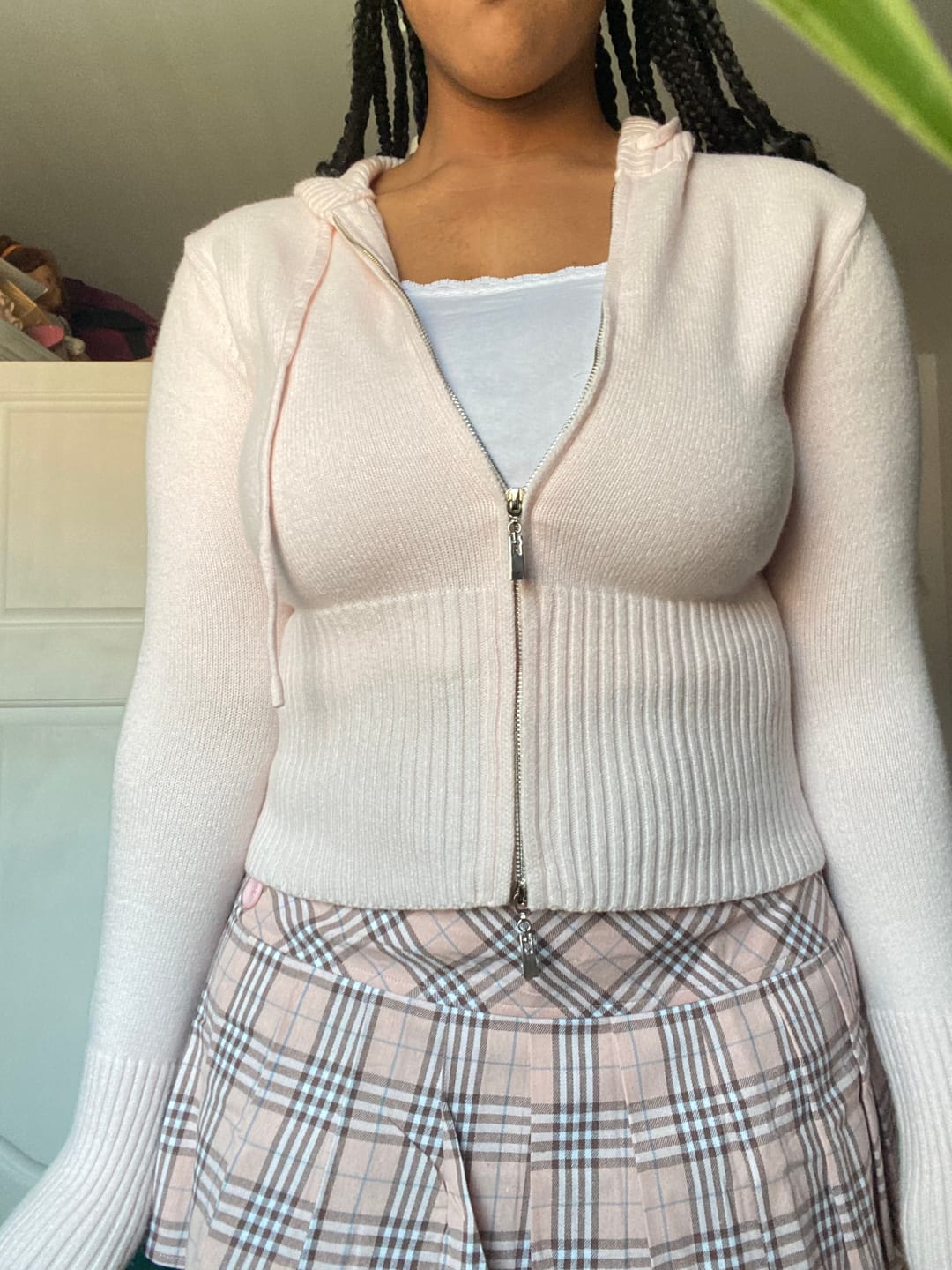 Customer photo review of That Girl Rib Knit Slim Fit Zip Up Cardigan (Baby Pink)