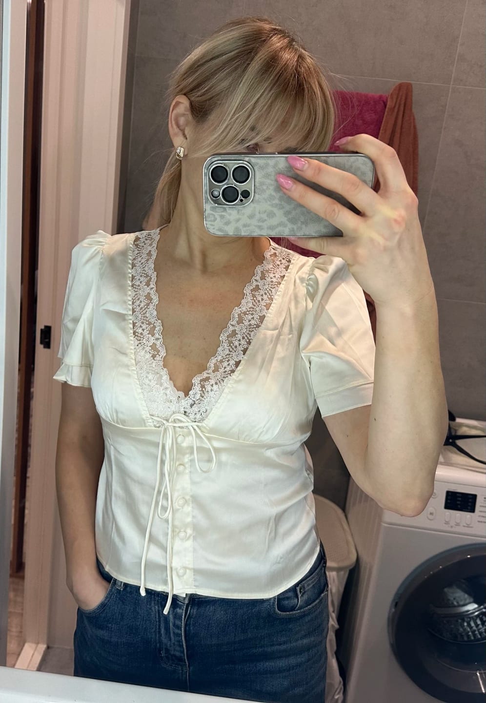 Customer photo review of Rosalie Lace Short Sleeve V-Neck Top