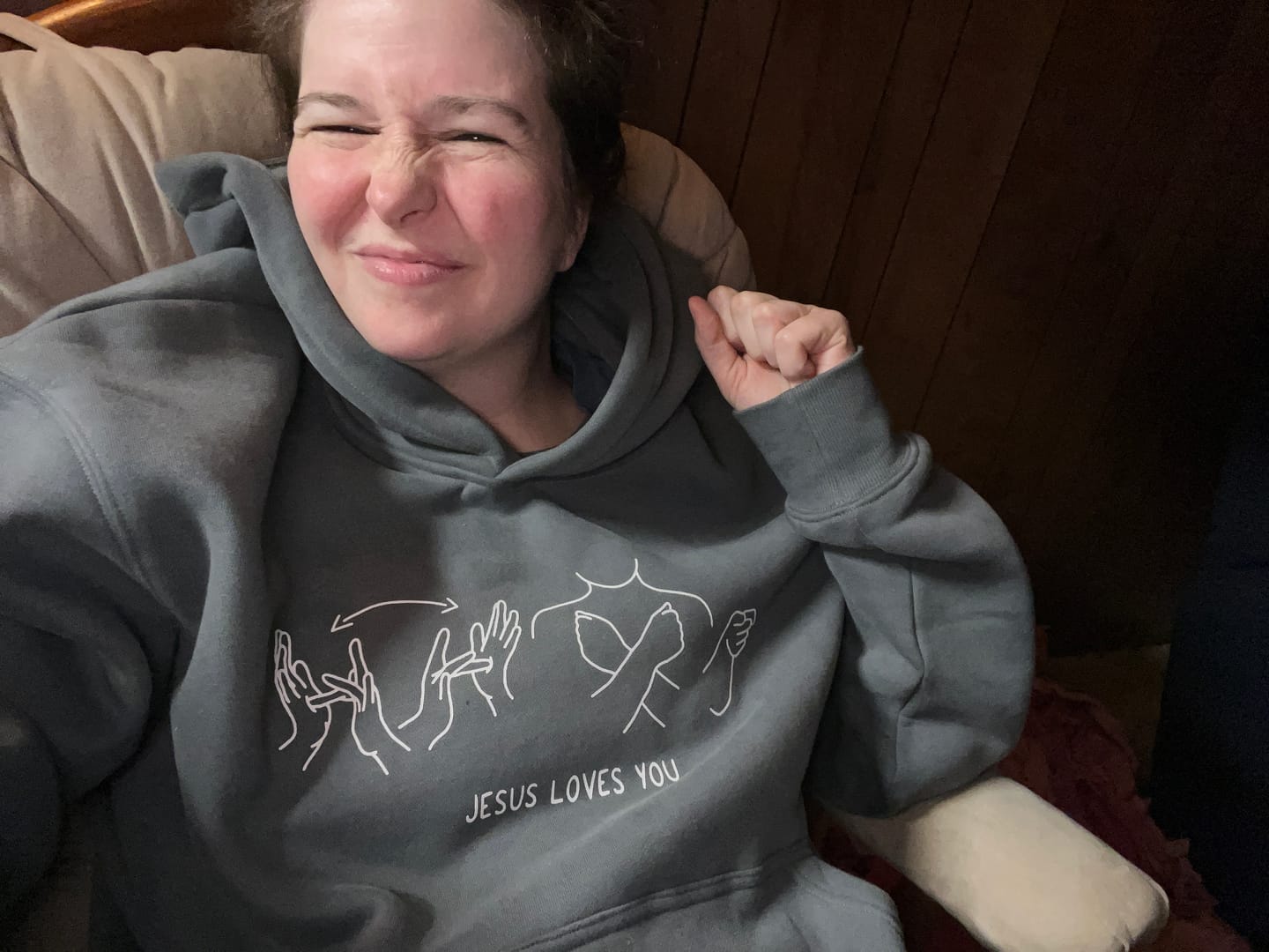 Customer photo review of JESUS LOVES YOU ASL - HEAVYWEIGHT OVERSIZED HOODIE