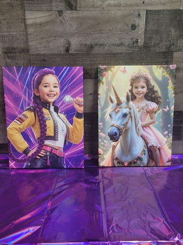 Customer's Enchanted Unicorn Princess portrait of a girl on a unicorn, displayed next to another custom pop-star portrait.