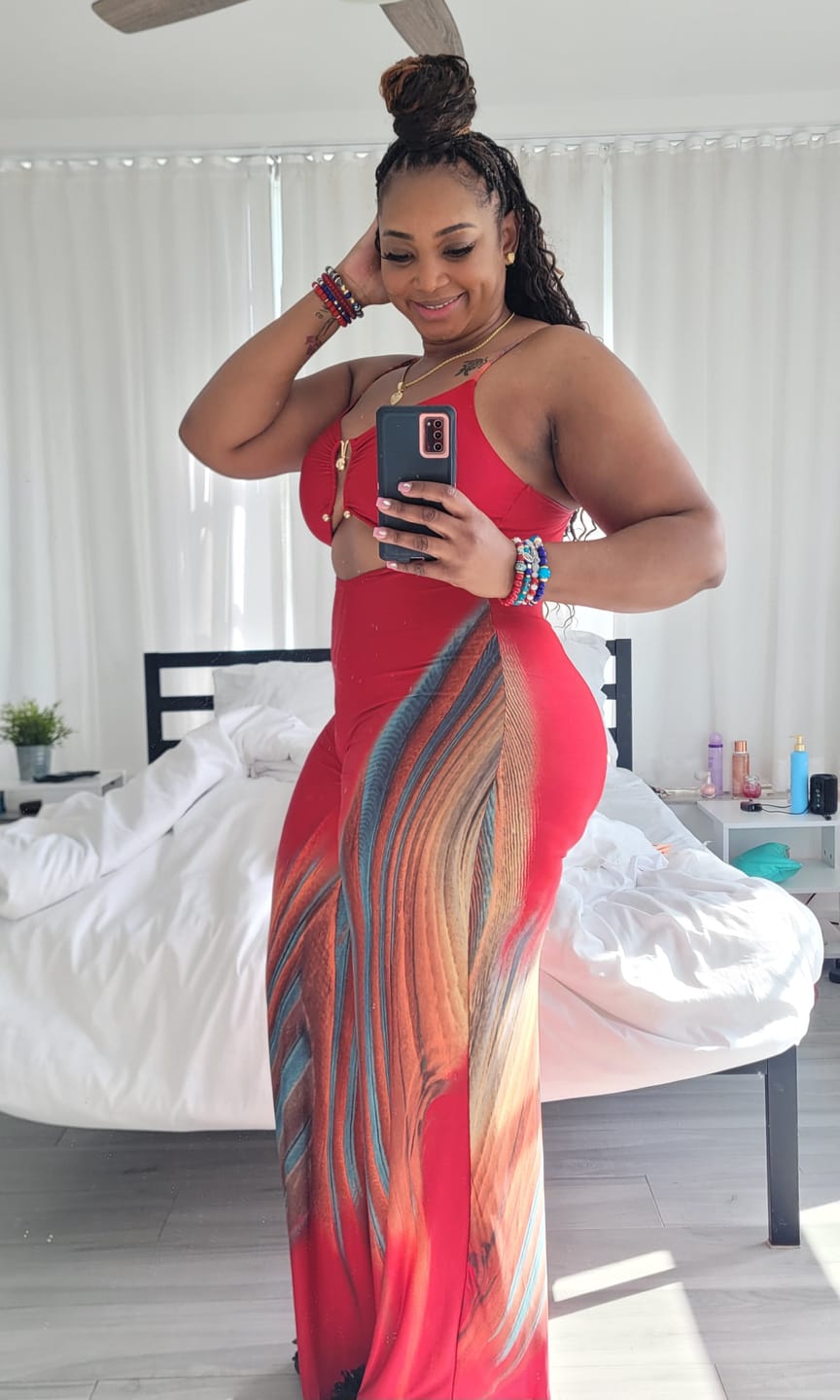 Customer photo review of Playing Me Print Cami Jumpsuit