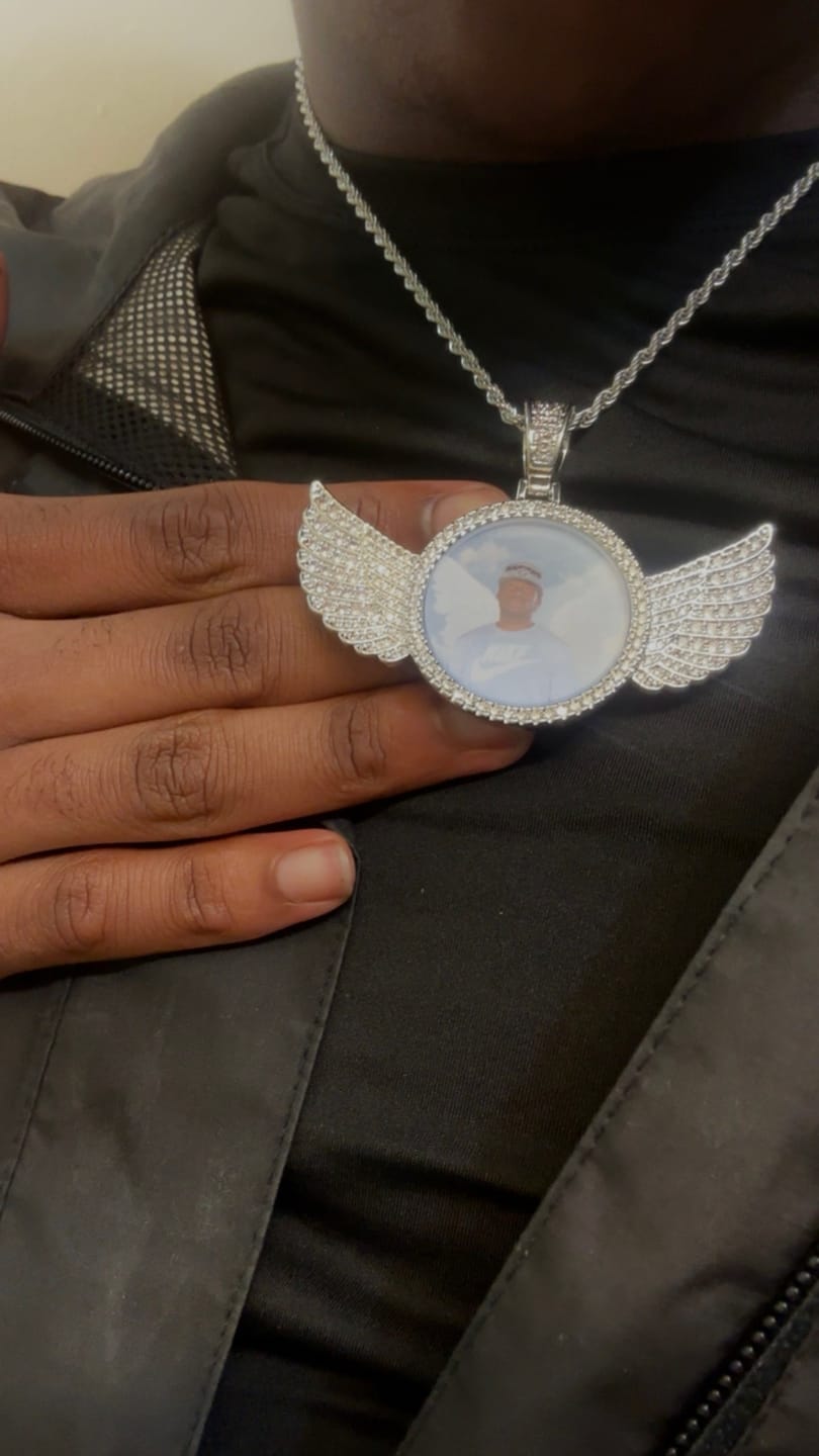 Customer photo review of Diamond Studded Angel Wing Photo Necklace