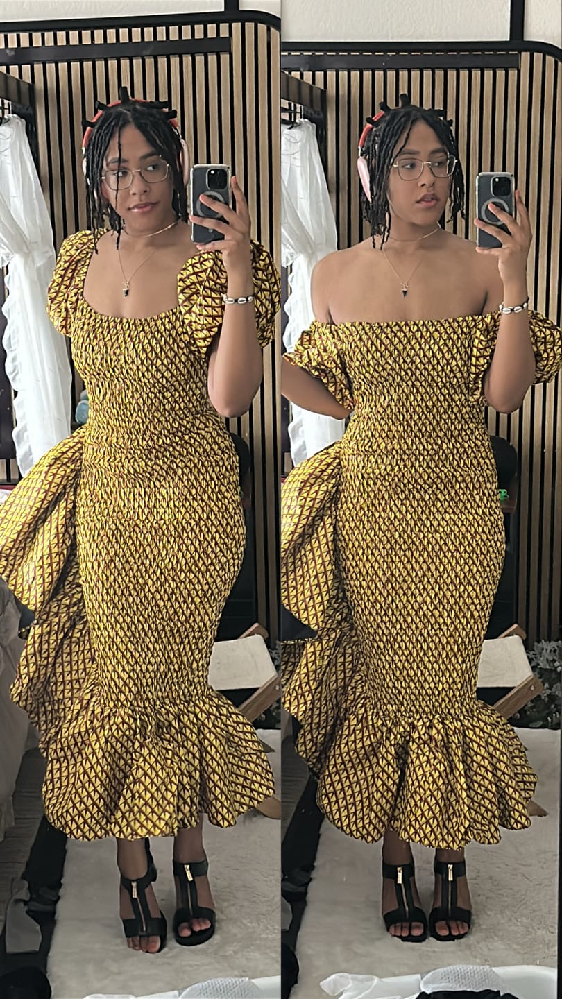 Customer photo review of Seti Women's African Print Off-Shoulder Side Ruffle Dress  - Yellow