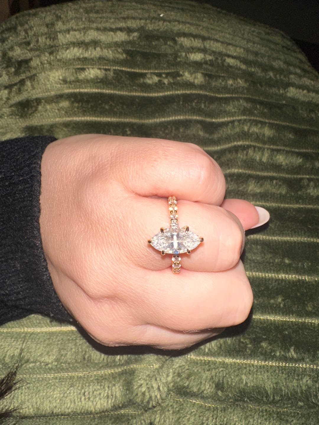 Customer photo review of S925 Moissanite 3.0 Ct Marquise Cut Side Stone Yellow Gold Engagement Ring/Wedding Set In Sterling Silver