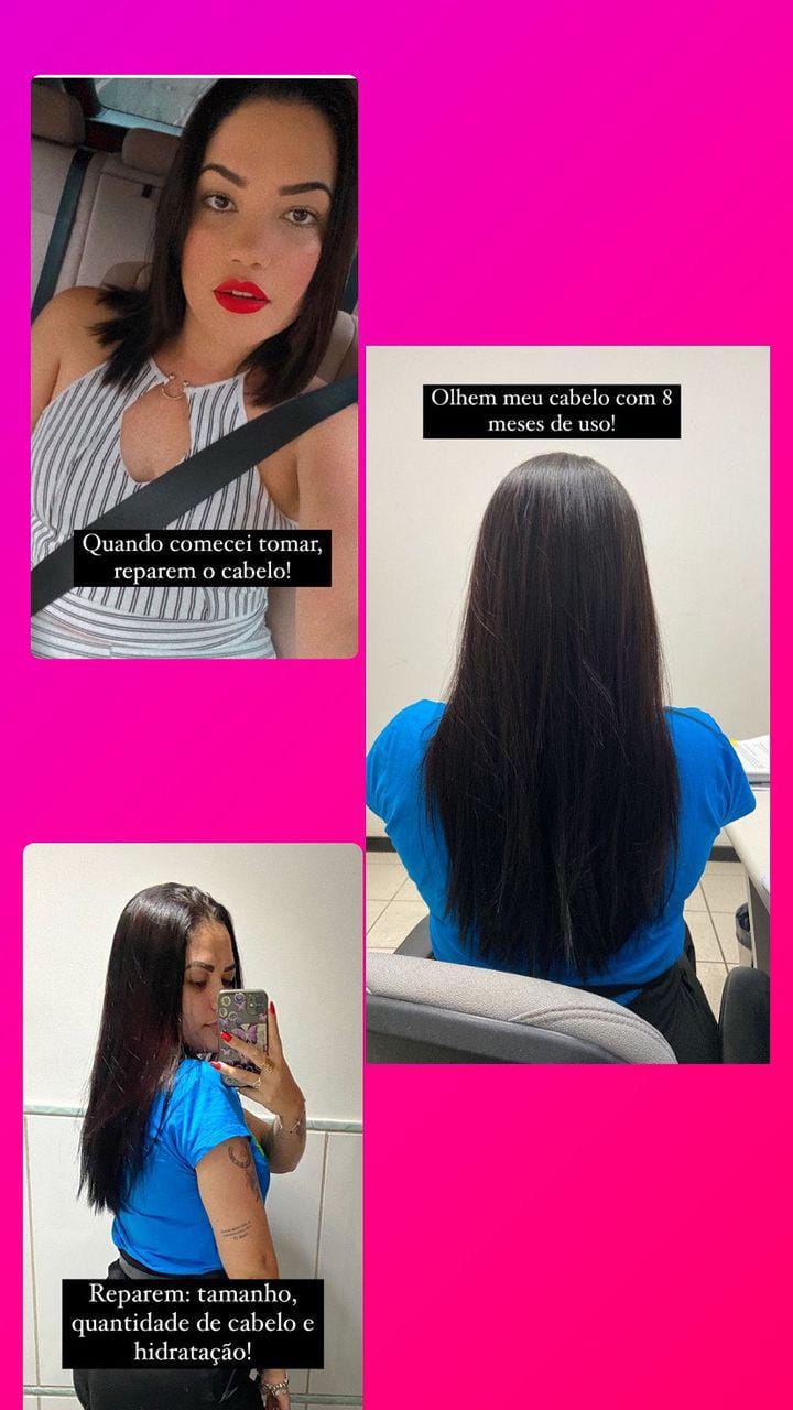 Customer photo review of Happy Hair 6 Potes + 6 Potes Grátis + 2 Colágenos + 1 Happy Calm (Total 15 Potes)