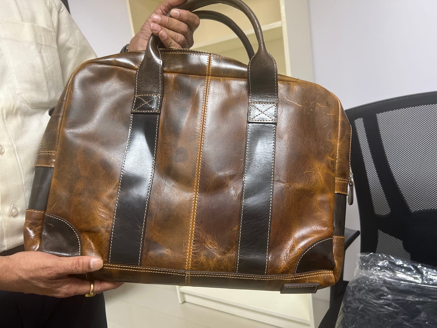 Customer photo review of MaheTri Brown Jefferson Briefcase