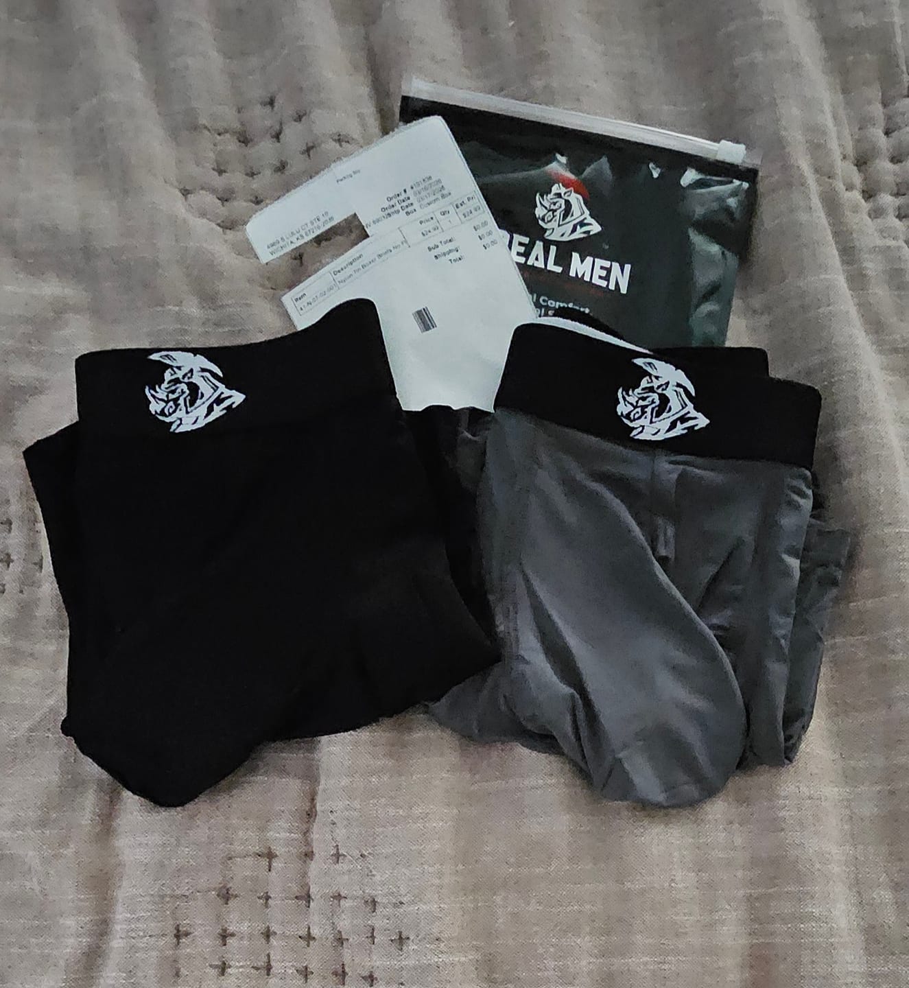 Customer photo review of Nylon 7in Boxer Briefs No Fly 2pk Black/Gray