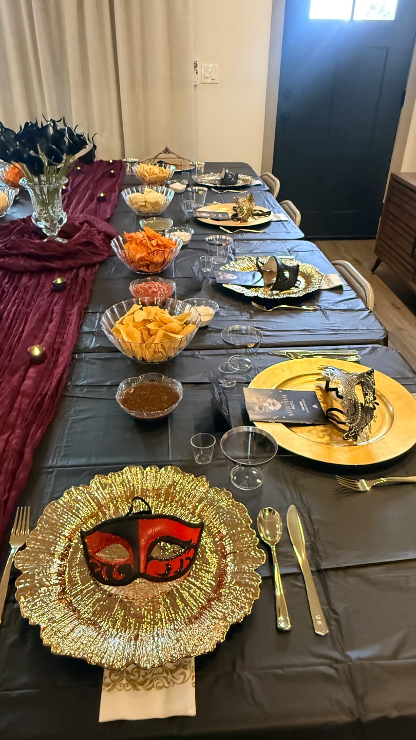 Customer photo review of Replay-able Masquerade Murder Mystery Dinner Party Game for Up to 20 Adults - Host Your Own Dinner Party Game Night - Masquerade Venetian Carnival Theme - Mardi Gras Fancy Dress Dinner Party V2