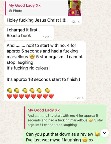 Customer's screenshot of a text message review for the Lem Clitoral Massager, with a thumbnail image of the packaging.