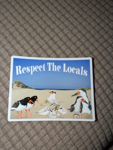 Customer's custom sticker with the text "Respect The Locals" over a photographic image of various shorebirds on a beach.